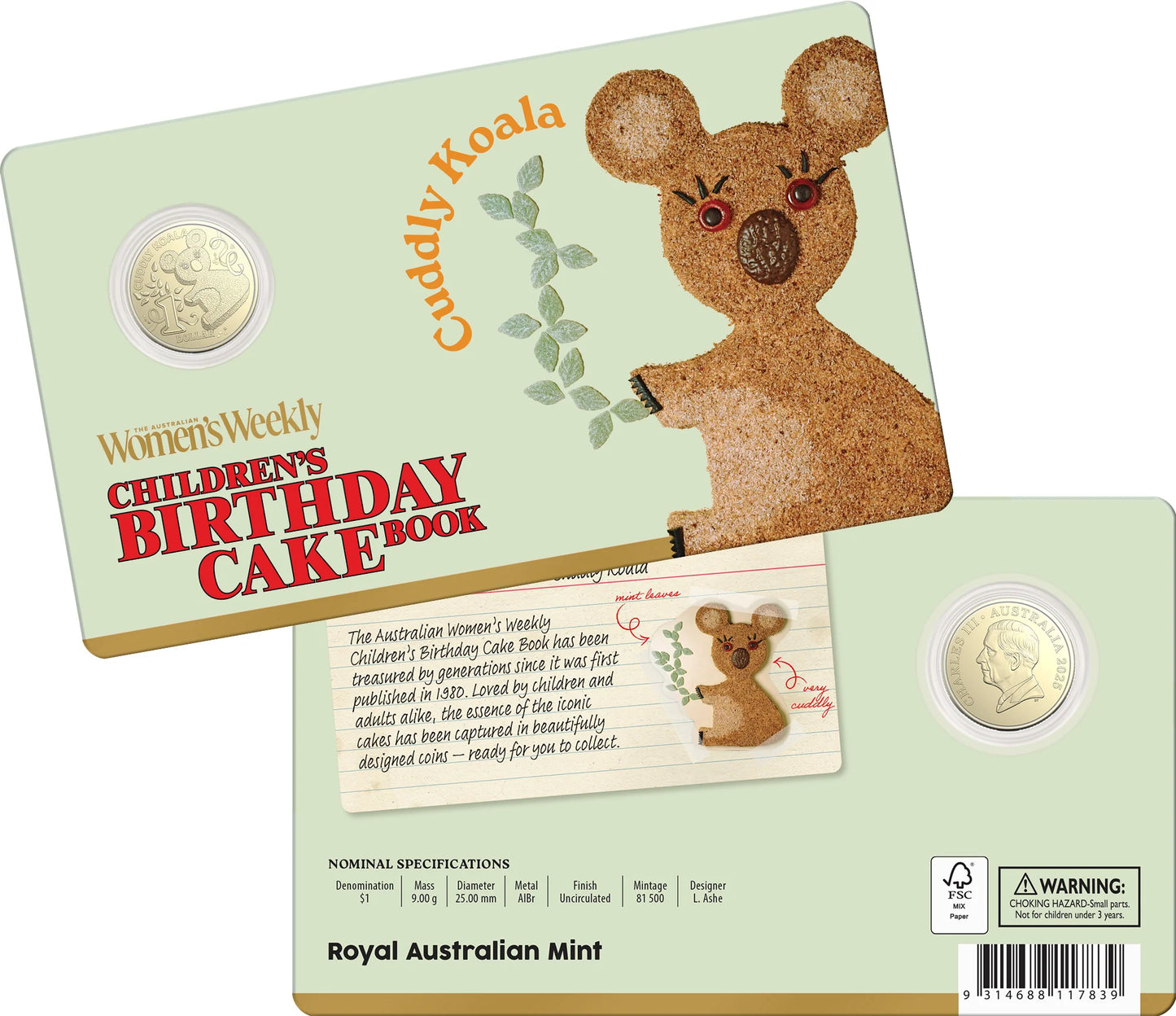 2025 AWW Birthday Cake $1 Cuddly Koala Uncirculated coin in card