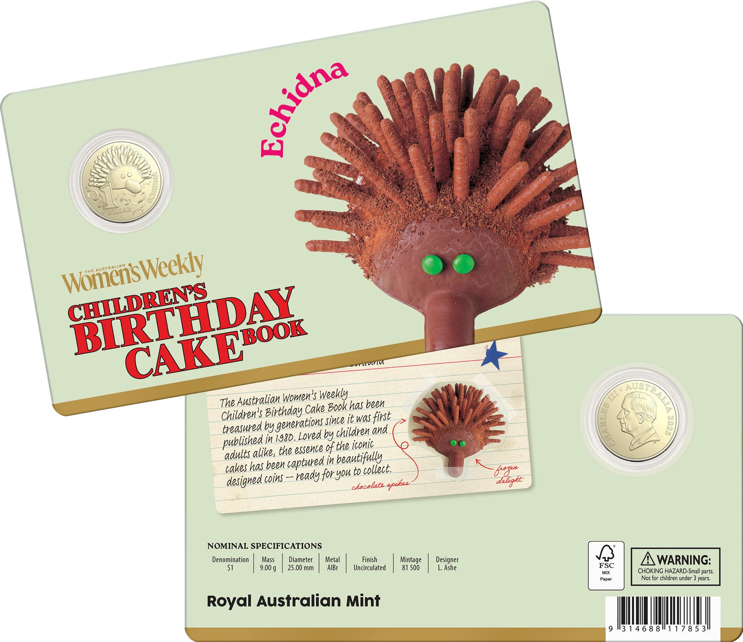 2025 AWW Birthday Cake $1 Echidna Uncirculated coin in card