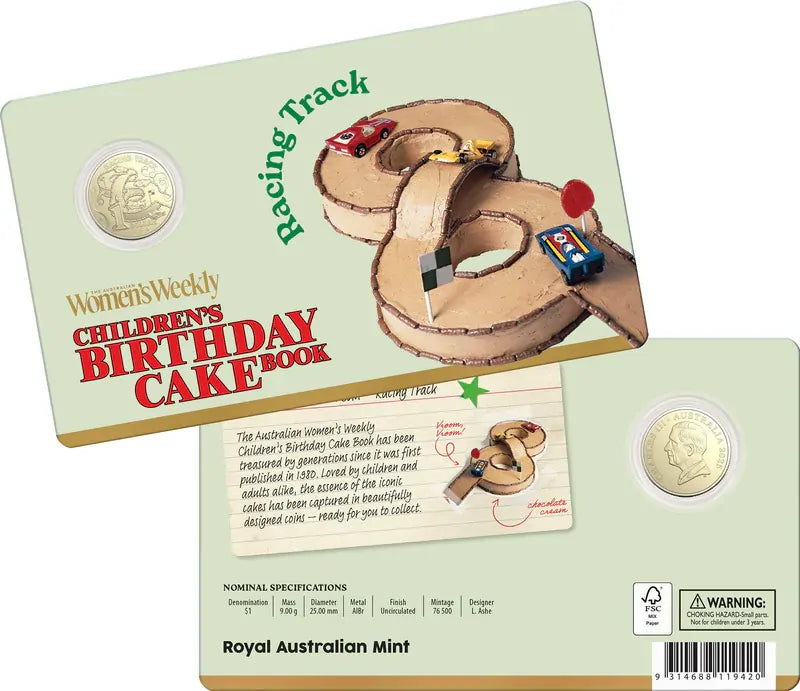 2025 AWW Birthday Cake $1 Racing Track Uncirculated coin in card