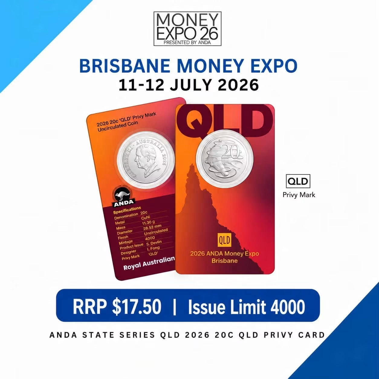 2026 Brisbane ANDA Money Expo ‘QLD’ Privy Mark 20c Uncirculated Coin Card
