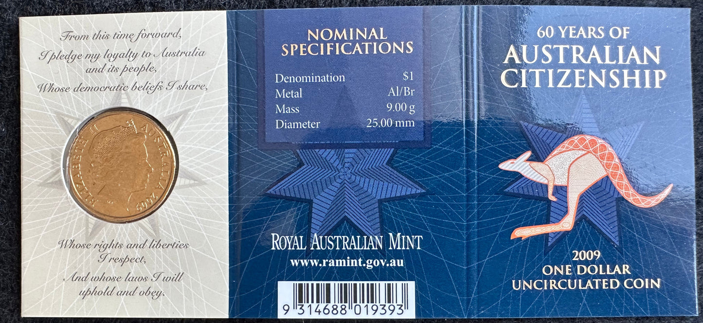 2009 $1 60 Years of Australian Citizenship B Mintmark carded coin