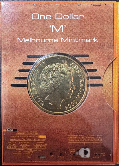 2006 50 Years of Australian Television "M Mintmark" One Dollar Coin in Ram Card