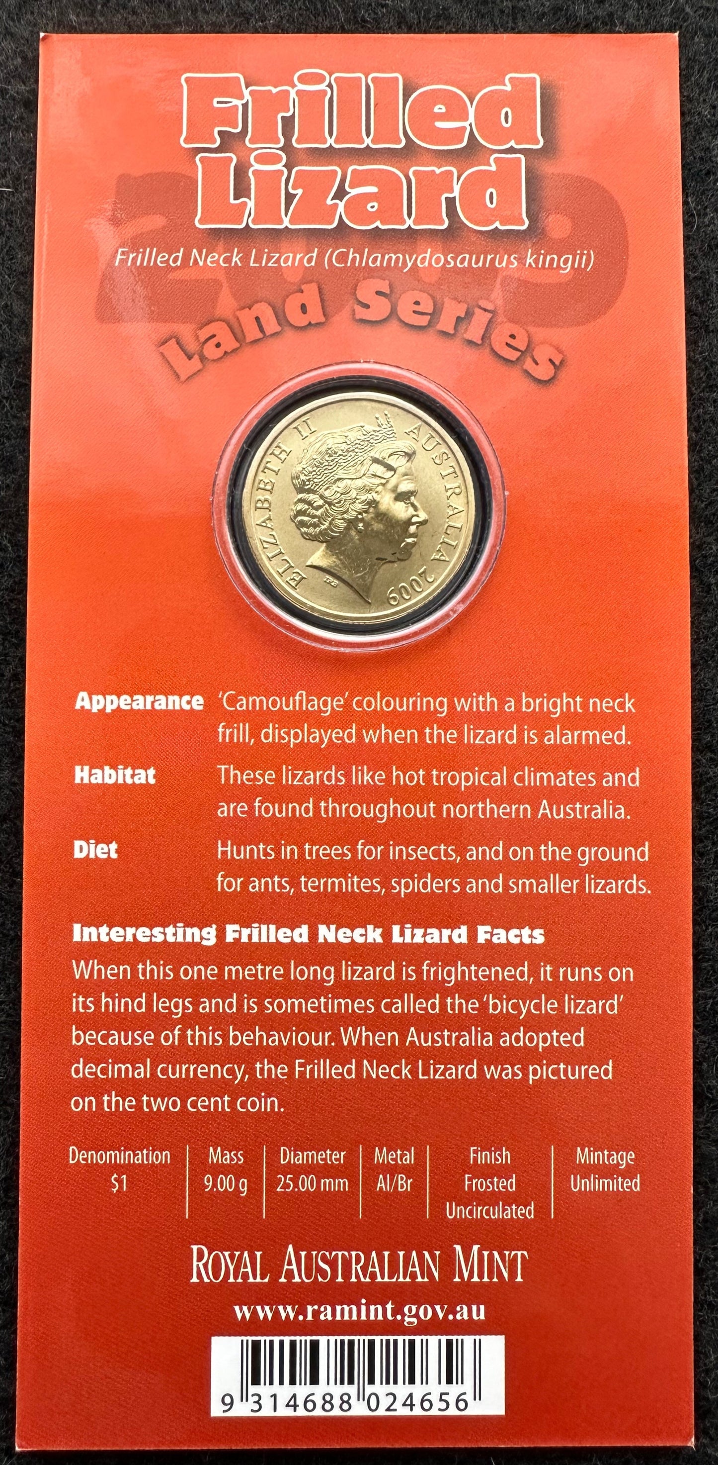 2009 Land Series - Frilled Lizard One Dollar ($1) Uncirculated Australian Decimal Coin