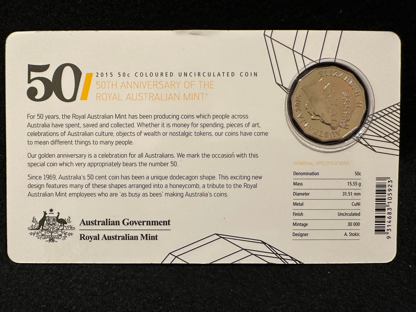 2015 50c Coloured Uncirculated Coin 50th Anniversary of the Royal Australian Mint