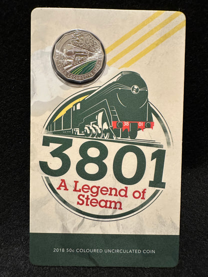 2018 3801 A Legend of Steam Locomotive Carded Coloured 50c UNC Coin - RAM