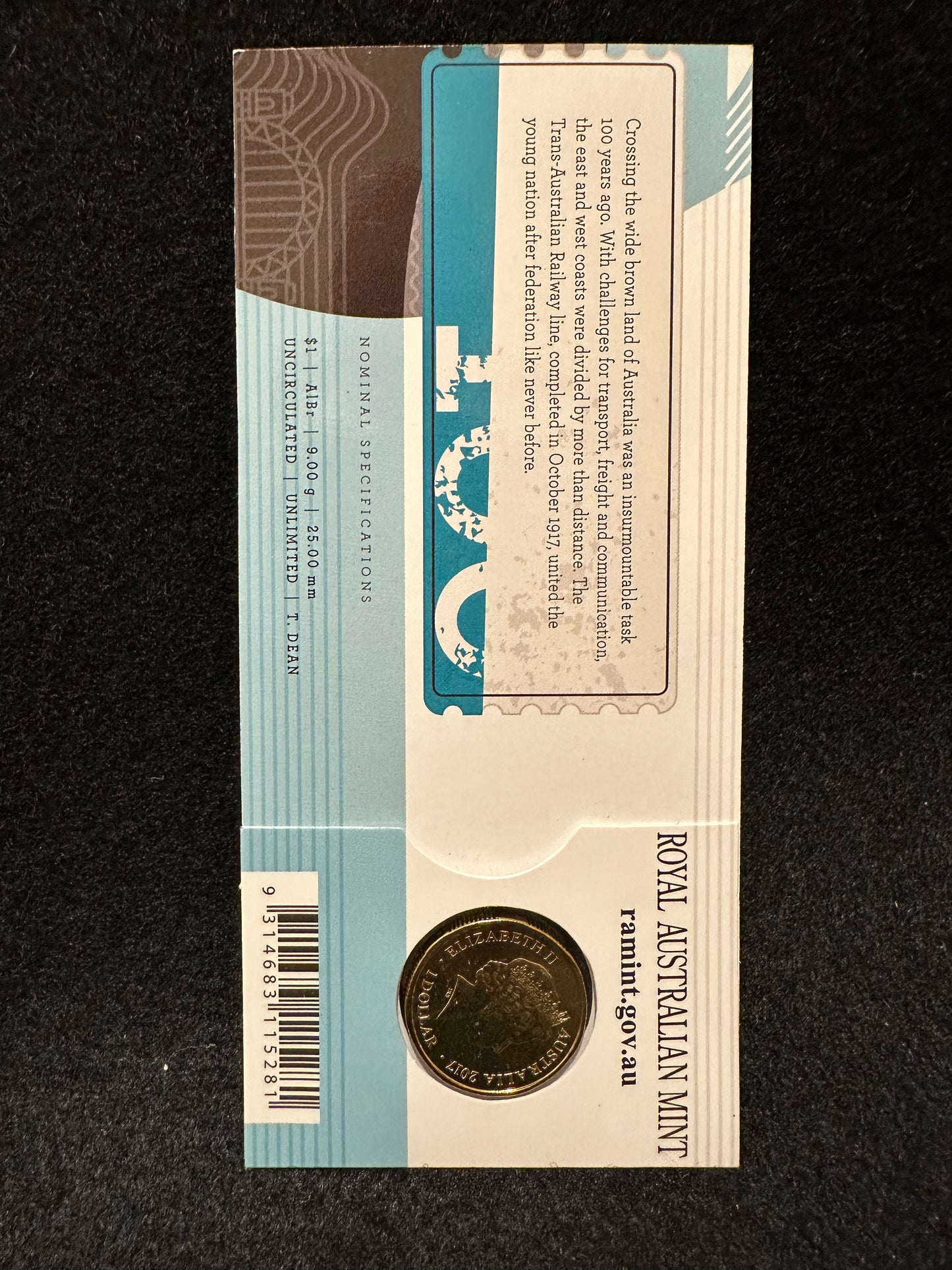 2017 Trans Australian Railway Australia Map Shaped Counterstamp One Dollar ($1) Uncirculated Australian Decimal Coin