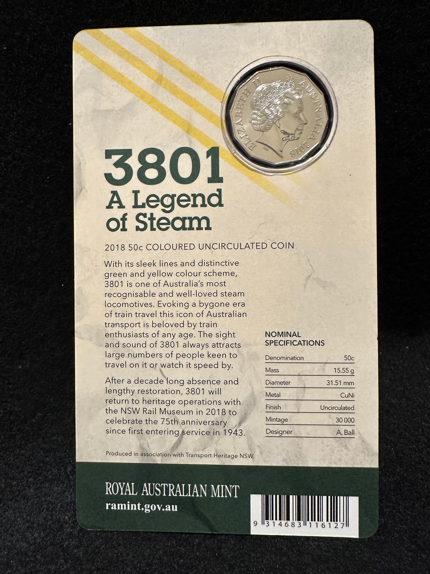 2018 3801 A Legend of Steam Locomotive Carded Coloured 50c UNC Coin - RAM