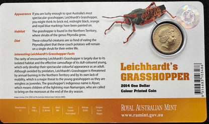 2014 $1 Bright Bugs Series – Leichhardt's Grasshopper Uncirculated Coin in Card