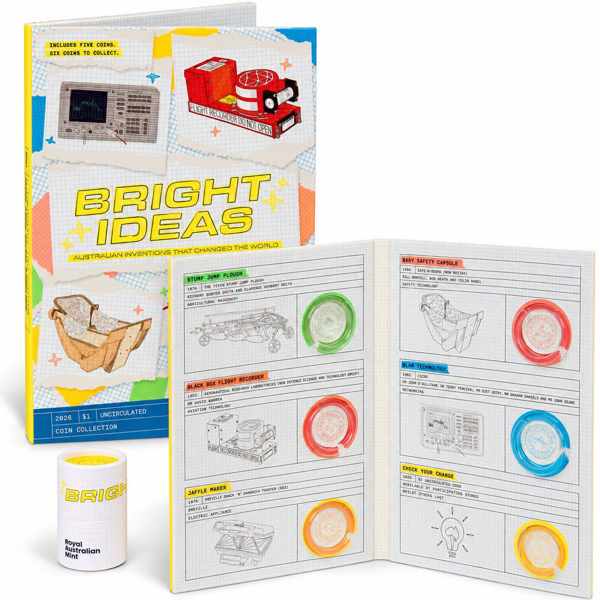 2026 Bright Ideas Australian Inventions $1 Five-Coin Folder and Tube Set - Includes $2 Till Coin