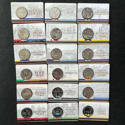 2014-2016 Fifty Cent Australia at War (50c) Uncirculated Australian Decimal 18 Coin Collection (NO FOLDER)