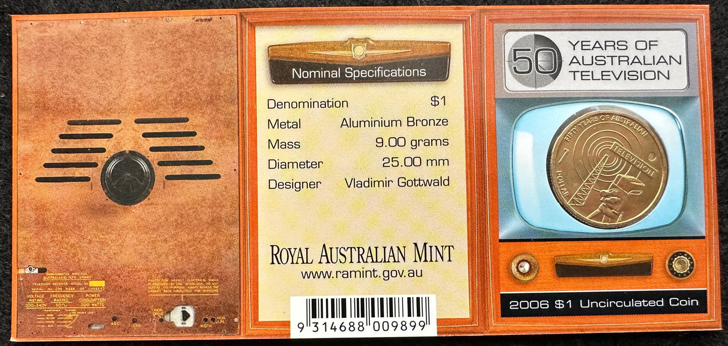 2006 50 Years of Australian Television "B Mintmark" One Dollar Coin in Ram Card