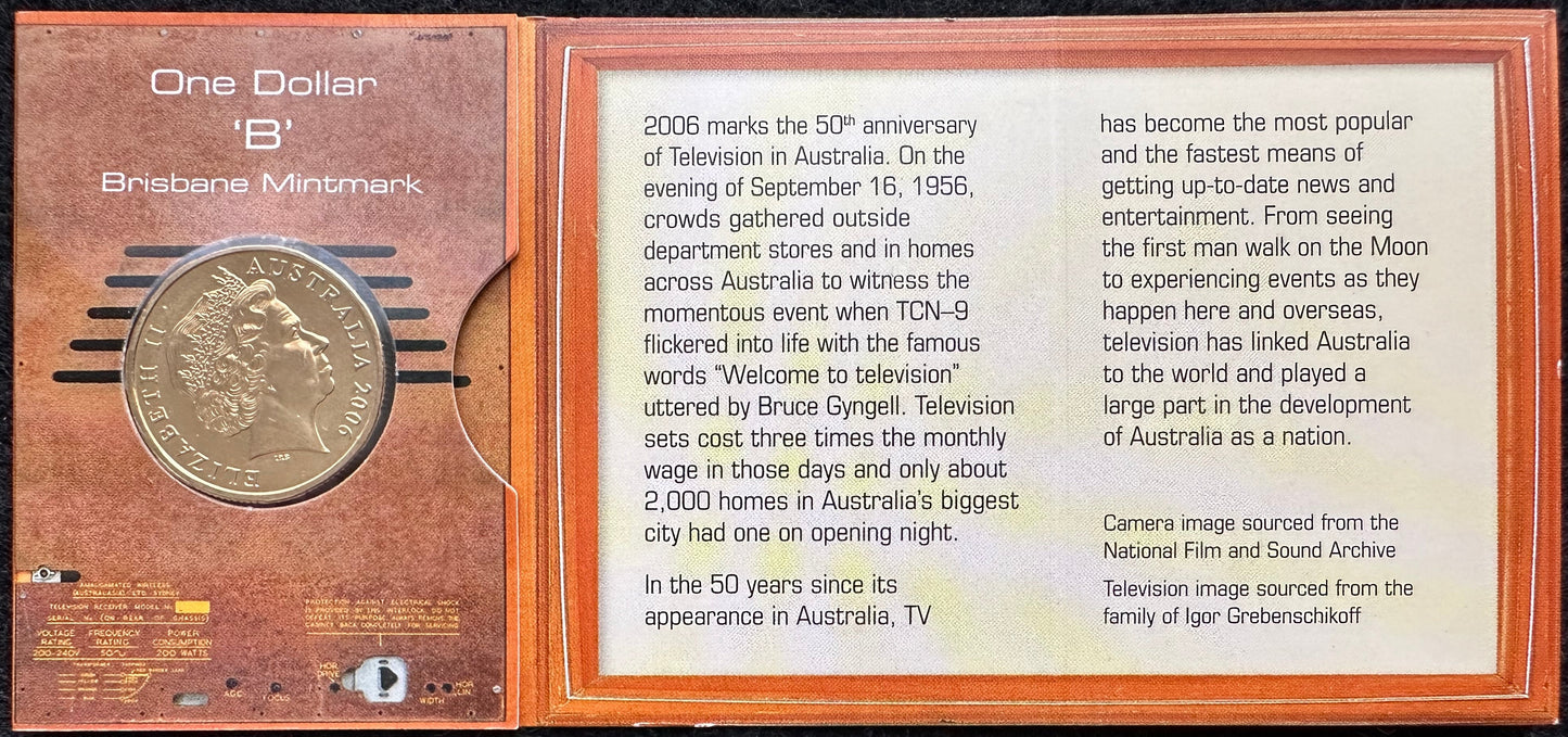 2006 50 Years of Australian Television "B Mintmark" One Dollar Coin in Ram Card