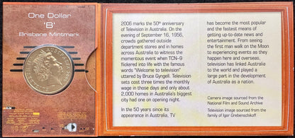 2006 50 Years of Australian Television "B Mintmark" One Dollar Coin in Ram Card