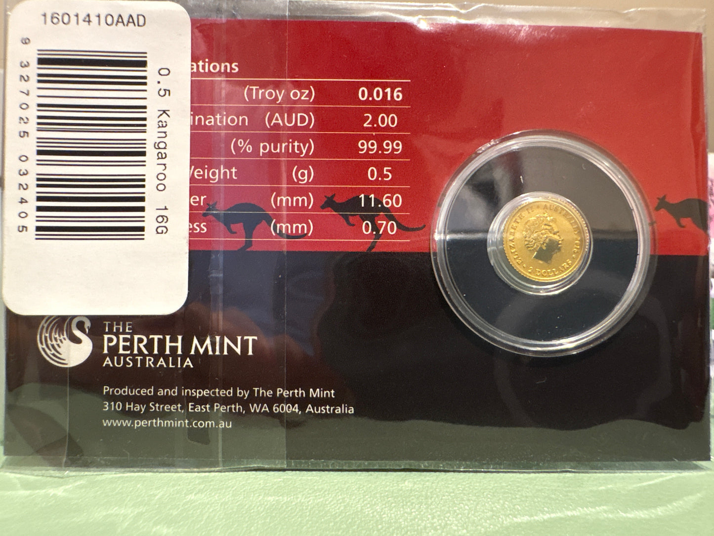 2016 $2 Australian Kangaroo Miniature Gold coin .5 grams
