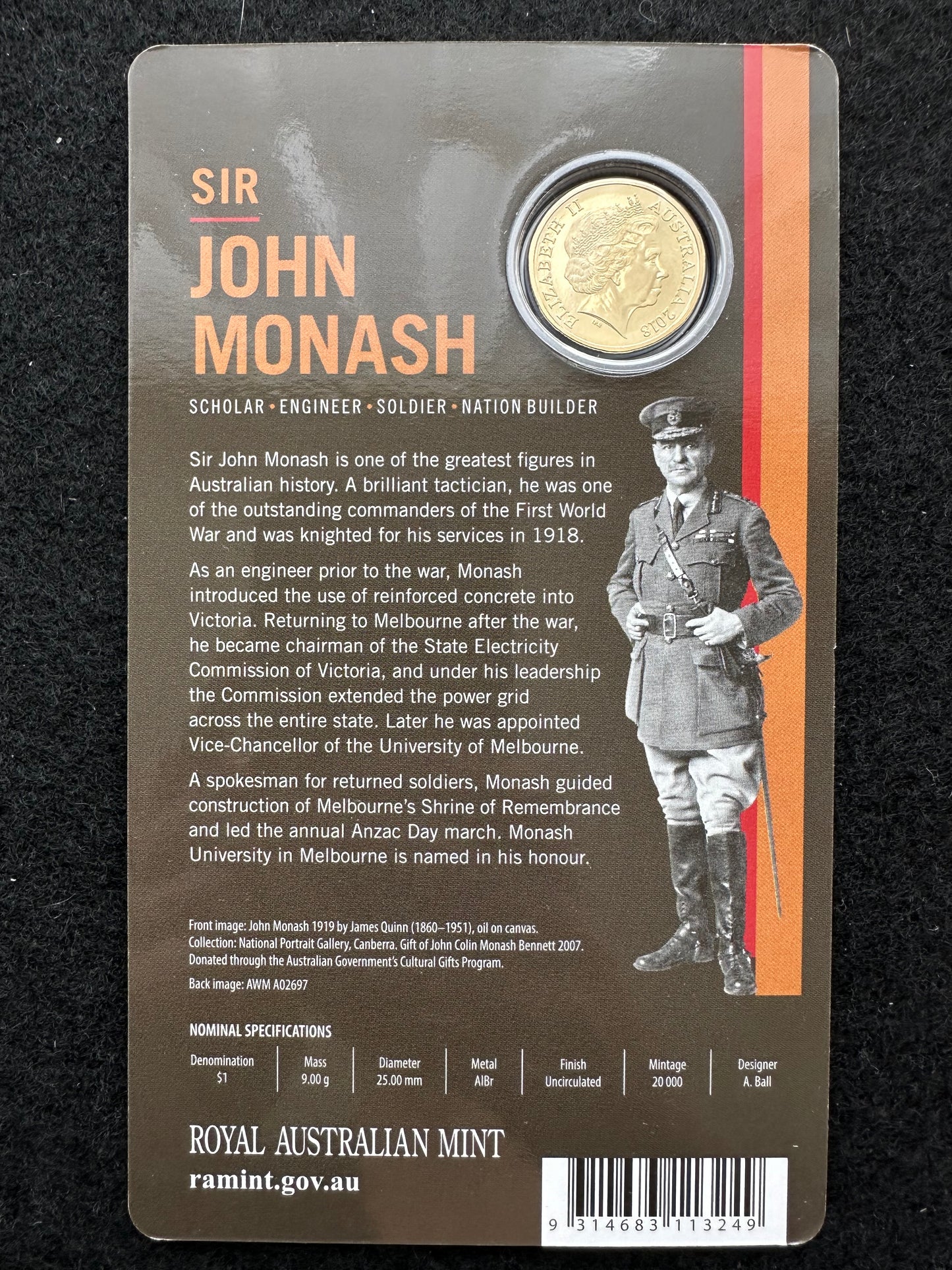 2018 $1 Sir John Monash Coin on card