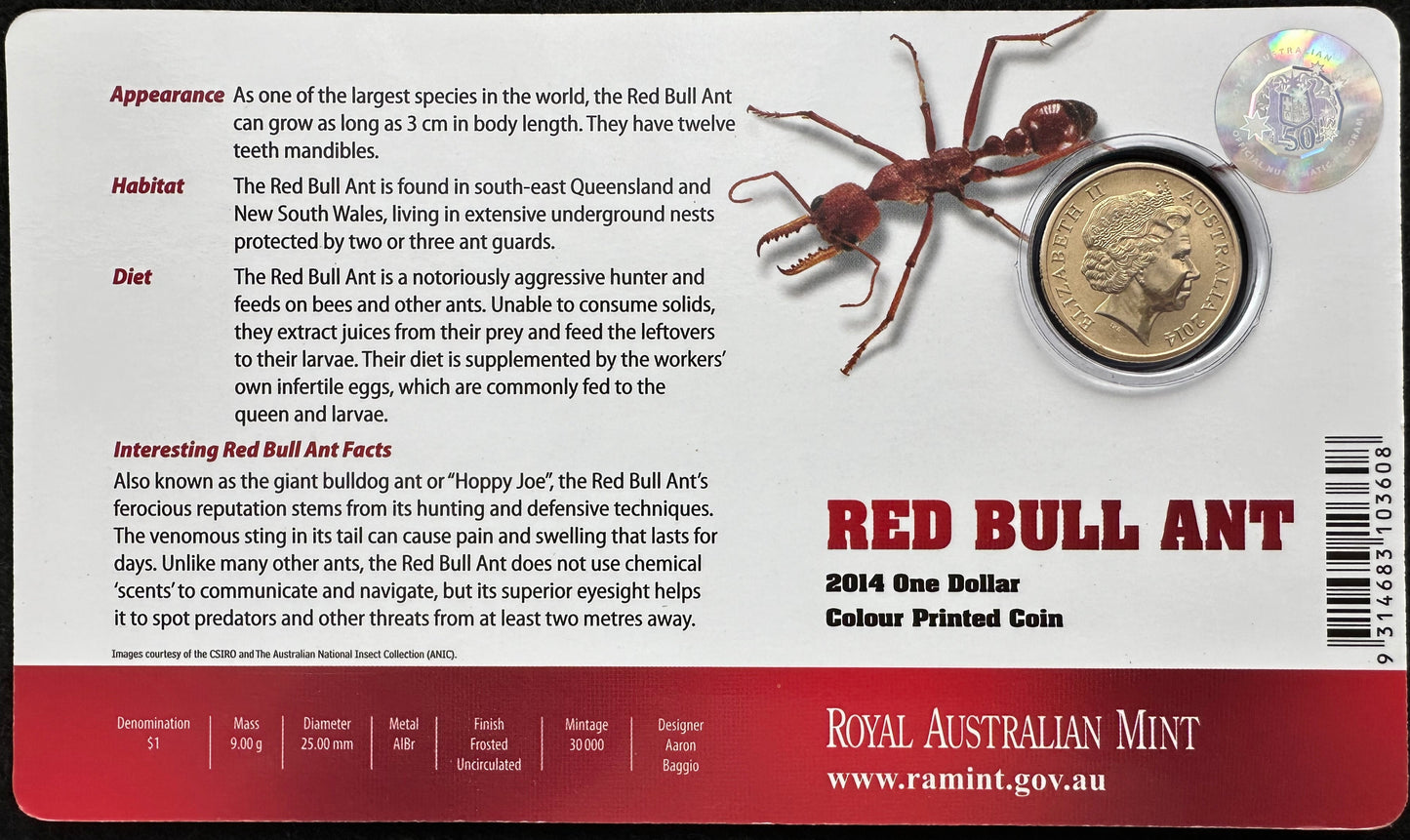 2014 $1 Bright Bugs Series – Red Bull Ant Uncirculated Coin in Card