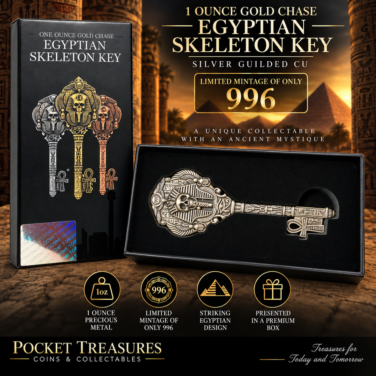 Gold Chase Egyptian Skeleton Key – 1oz Silver-Gilded Copper Collectable