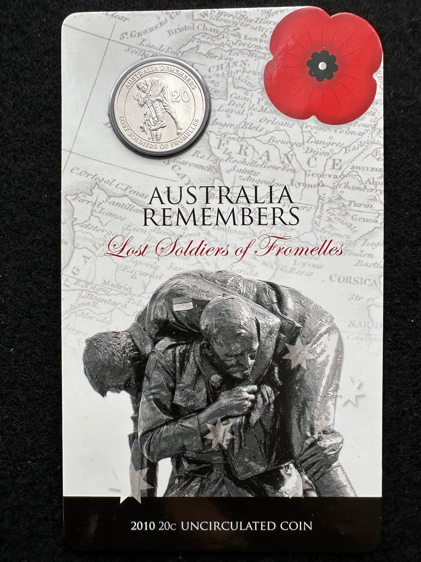 2010 20 cent Australia Remembers Lost Soldiers of Fromelles Coin on card