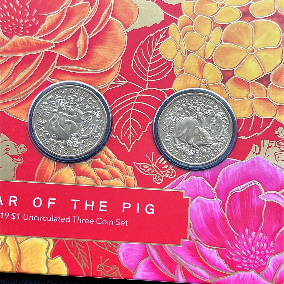 2019 Year of the Pig One Dollar ($1) Uncirculated Australian Decimal Three Coin Set