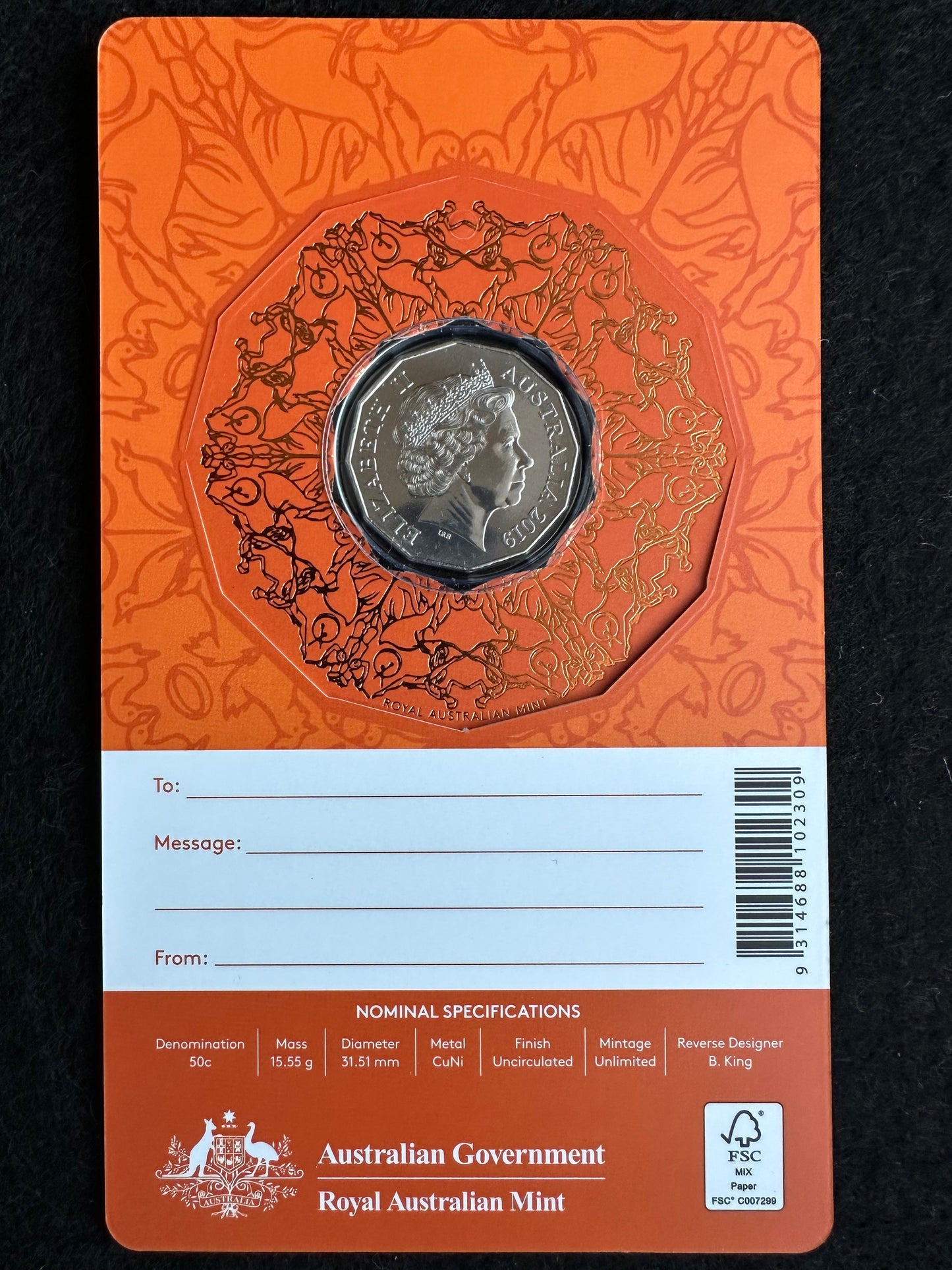 2019 'ORANGE" Fifty Cent The Twelve Days of Christmas (50c) Uncirculated Australian Decimal Coin