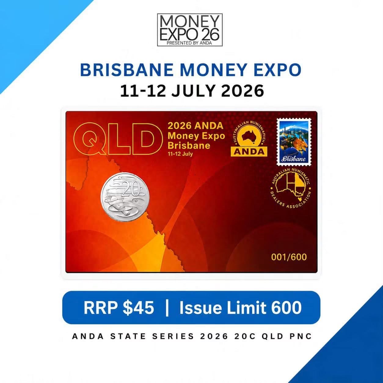 2026 Brisbane ANDA Money Expo ‘QLD’ Privy Mark 20c Postal Numismatic Cover (PNC)