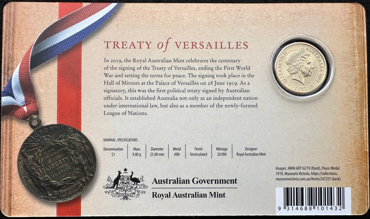 2019 $1 Treaty of Versailles 1919 - 2019 coin on card