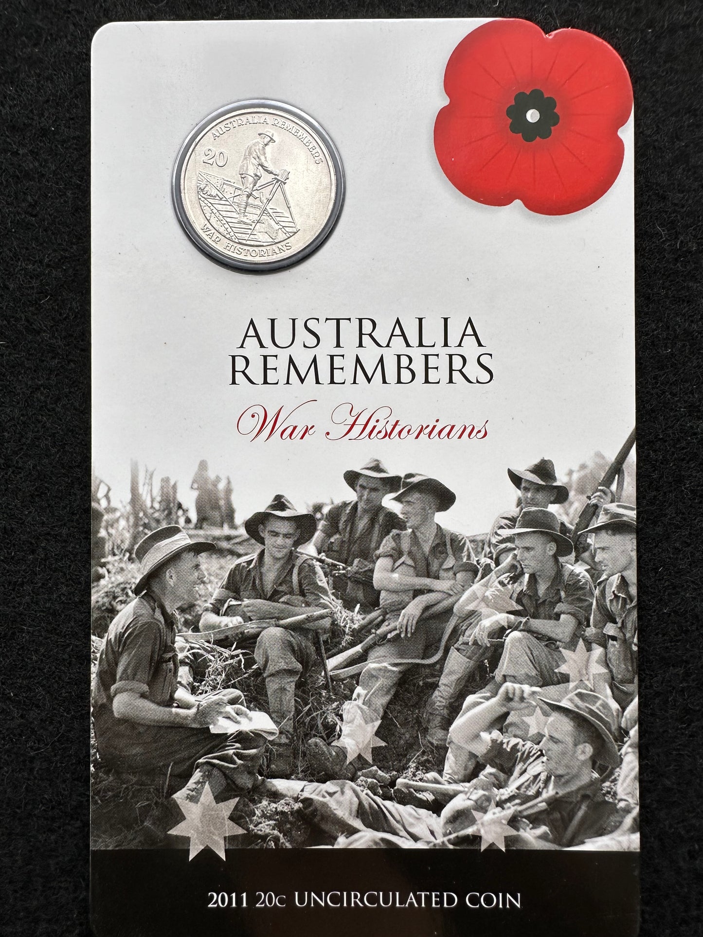 2011 20 cent Australia Remembers War Historians Coin on card