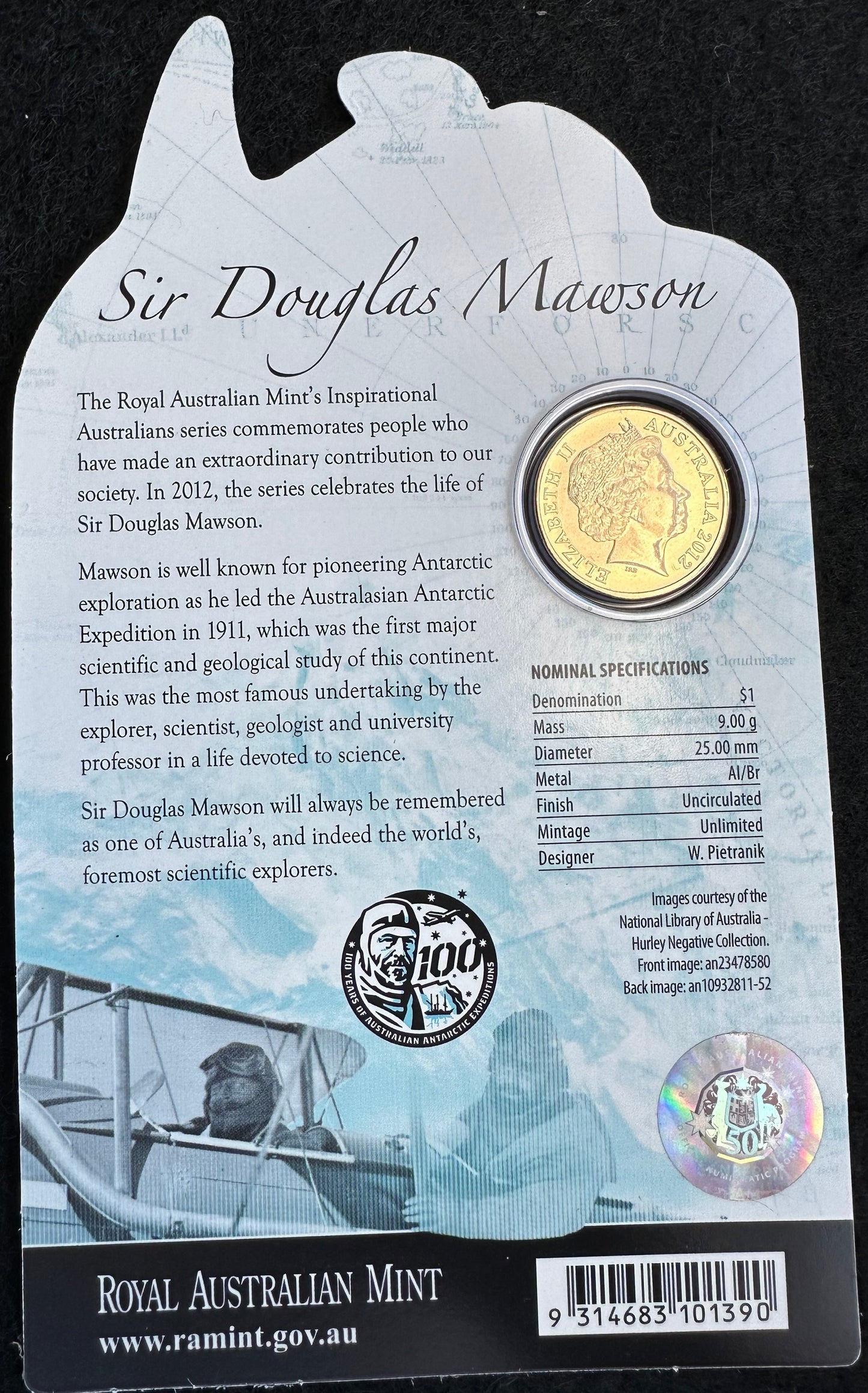 2012 $1 Inspirational Australians Sir Douglas Mawson Carded Coin