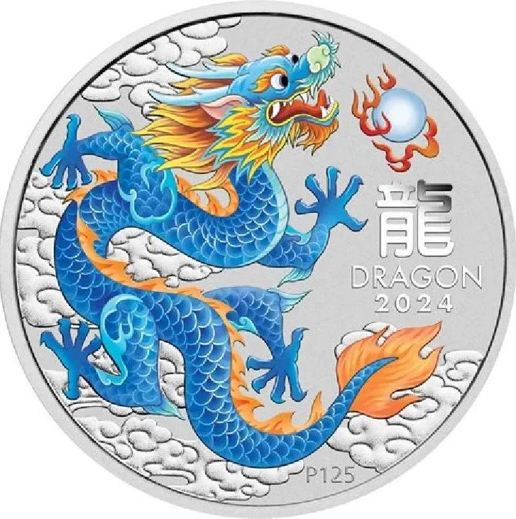 2024 Perth Stamp & Coin Show - Year Of The Dragon Blue Dragon 1oz Silver Coloured Coin