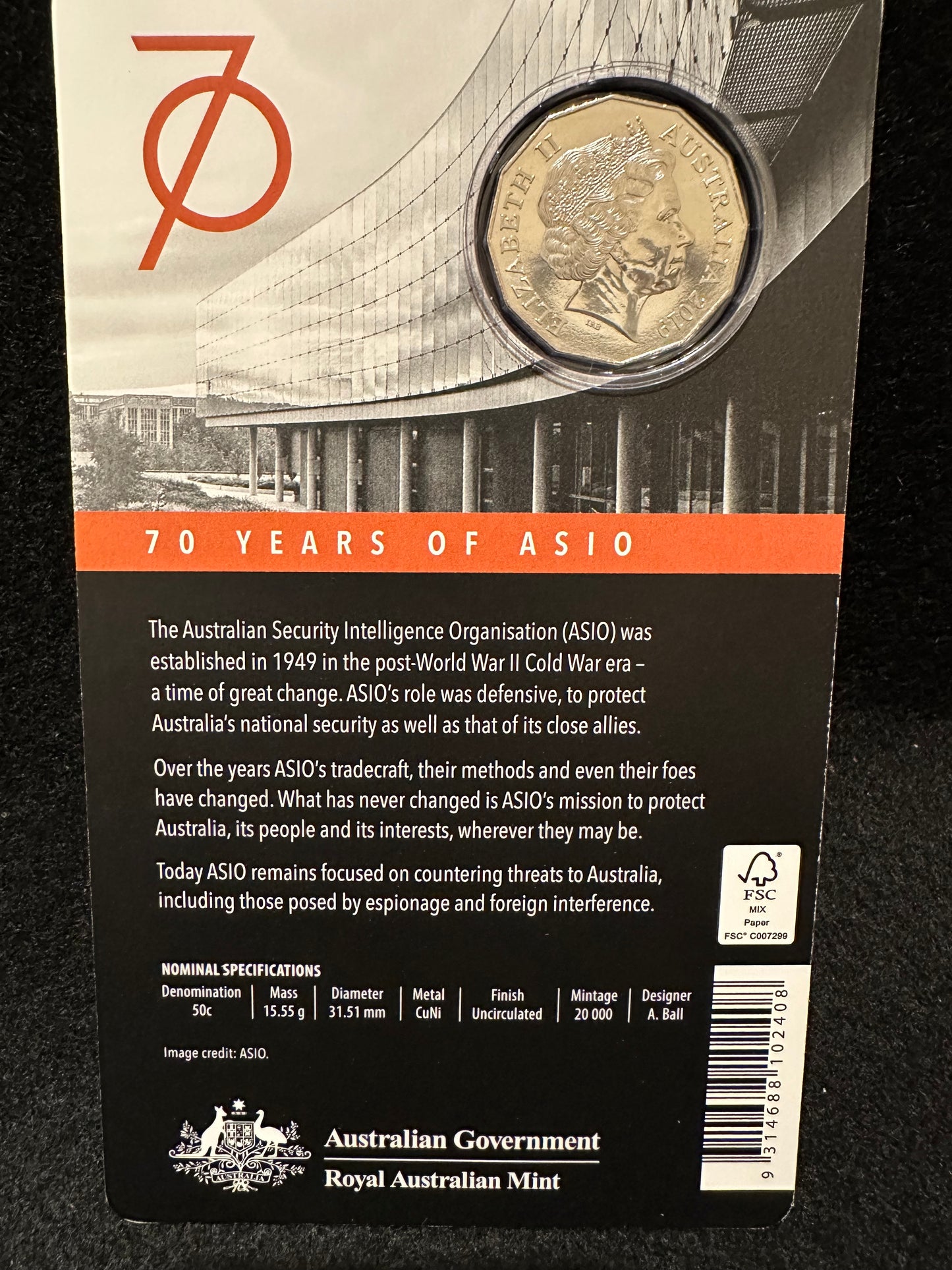 2019 Fifty 50 cent Australian Spies & Spooks 70 Years of ASIO