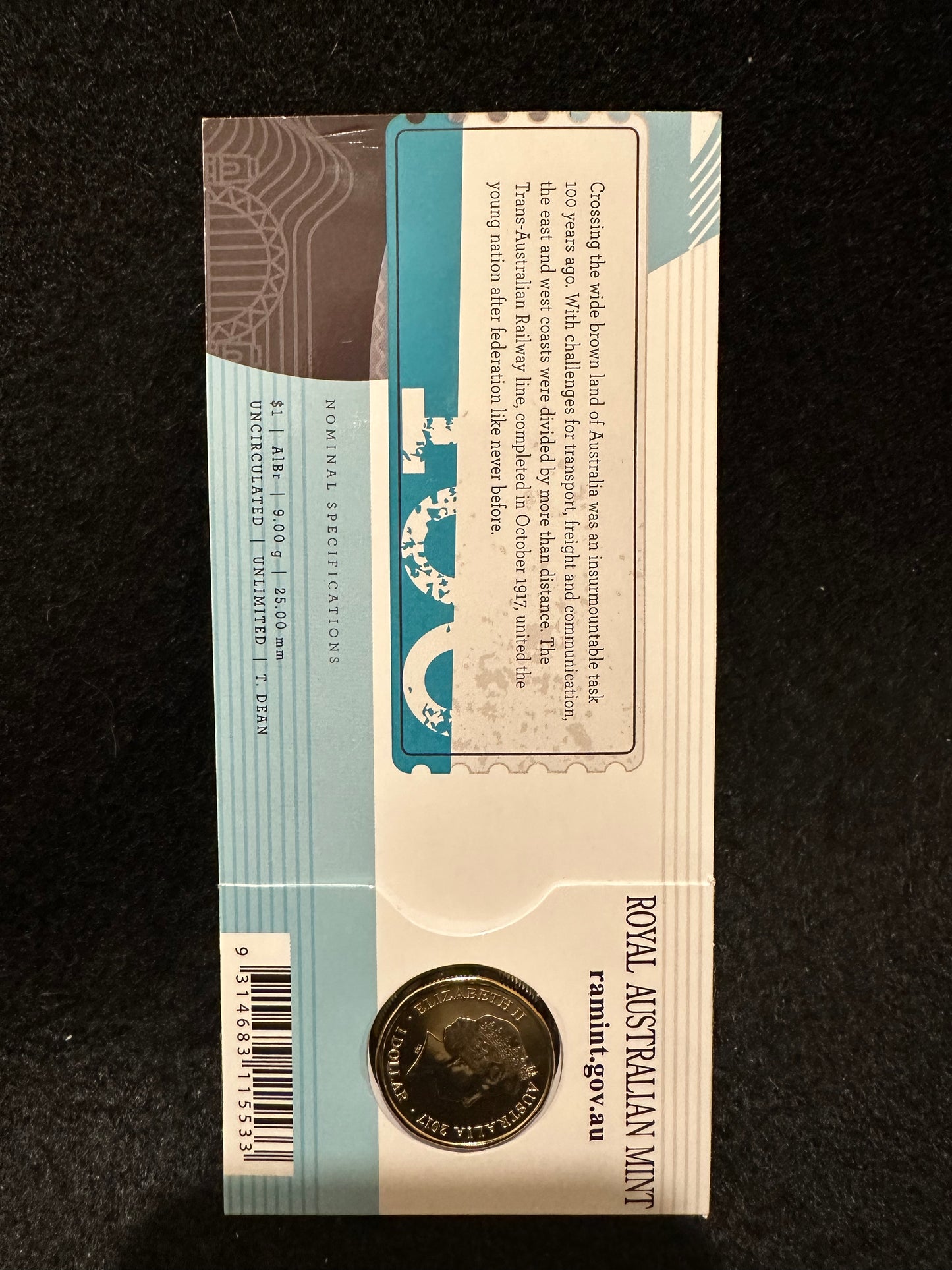 2017 Trans Australian Railway 'S' Sydney Counterstamp One Dollar ($1) Uncirculated Australian Decimal Coin