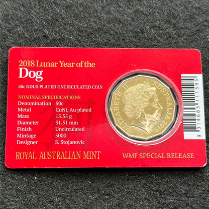 2018 Lunar Series Year of the Dog Gold Plated 50 cent coin on card