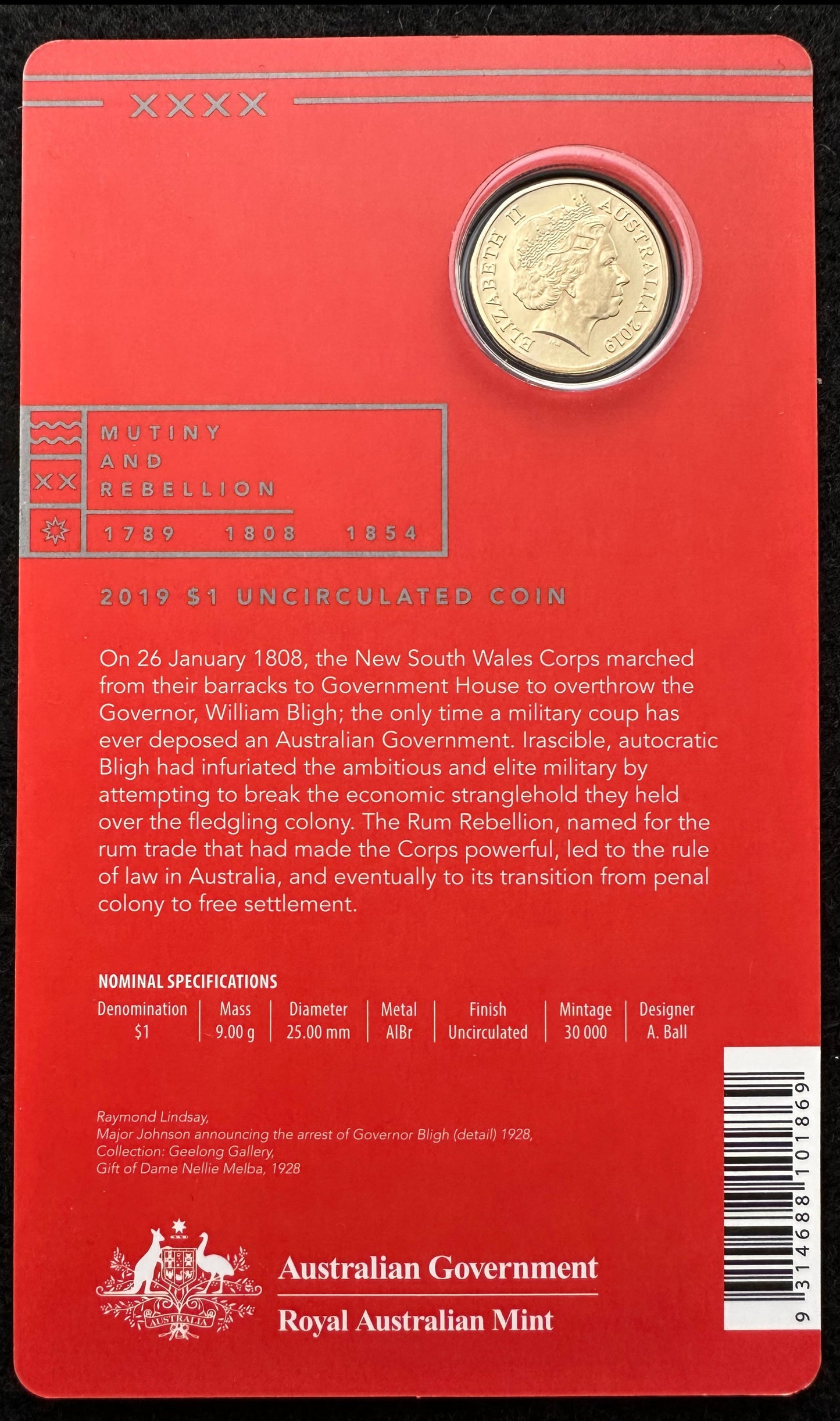 2019 $1 The Rum Rebellion 1808 coin on card