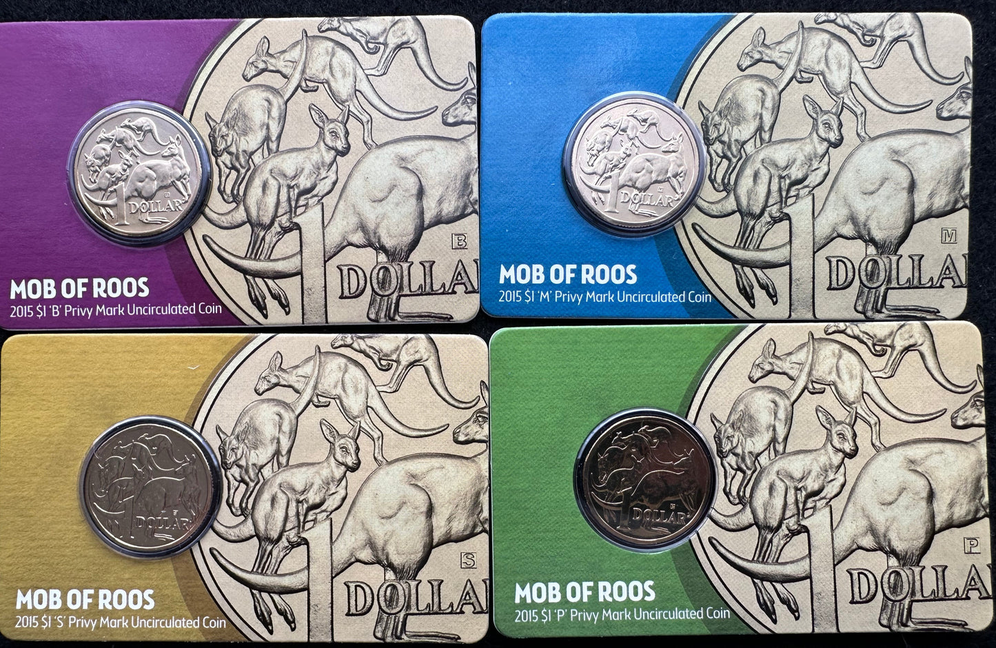 2015 Mob Of Roos $1 One Dollar Privy S,M,B & P Carded Coins