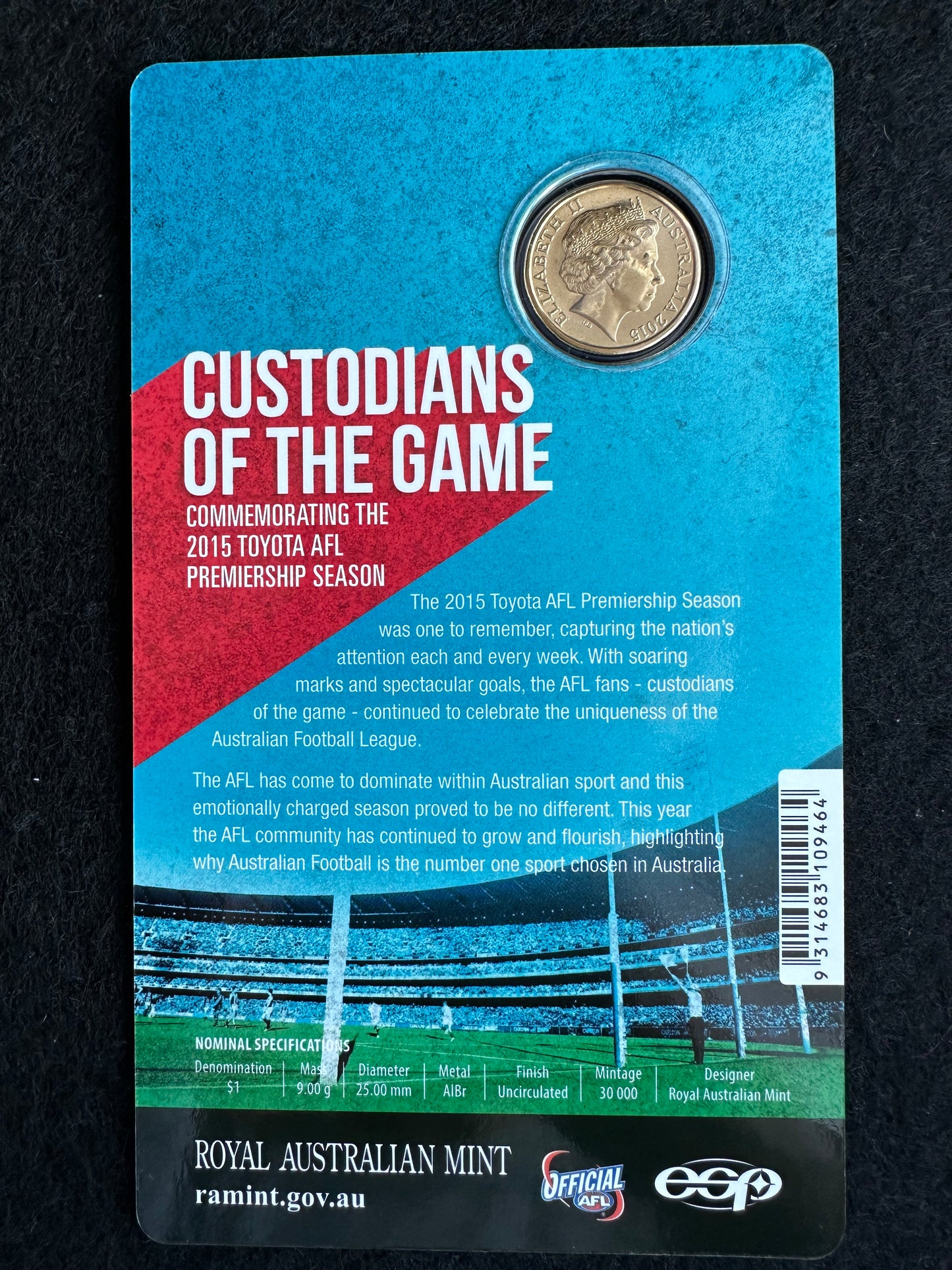 2015 $1 AFL Custodians of the Game carded coin