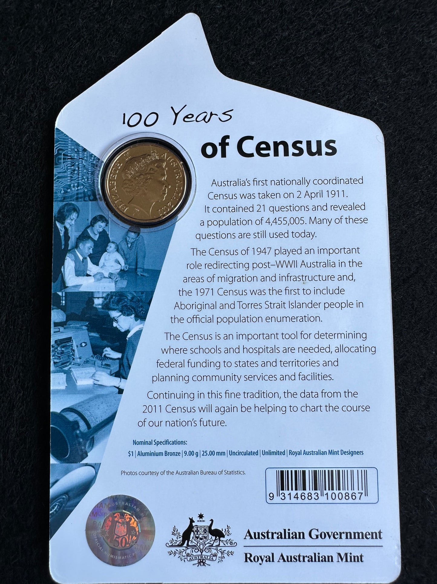 2011 $1 100 Years of Census uncirculated carded coin