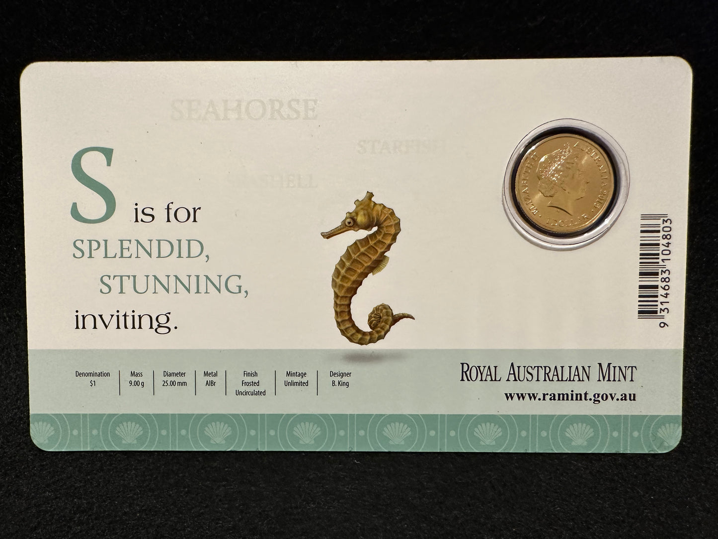 2015 Australia $1 One dollar coin 2015 ALPHABET Coloured Frosted S - Seahorse