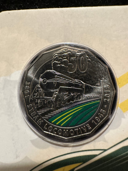 2018 3801 A Legend of Steam Locomotive Carded Coloured 50c UNC Coin - RAM