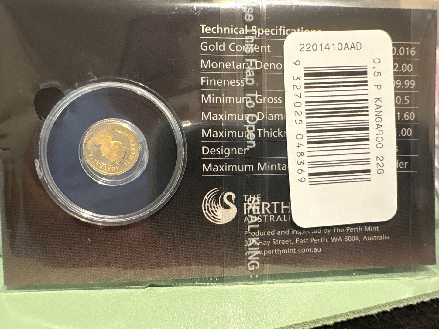 2022 $2 Australian Kangaroo Miniature Gold coin .5 grams