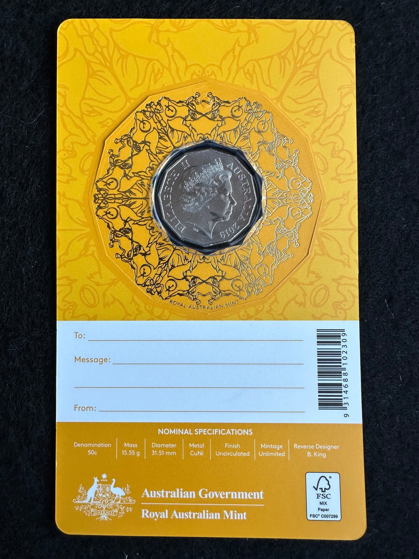 2019 'YELLOW" Fifty Cent The Twelve Days of Christmas (50c) Uncirculated Australian Decimal Coin