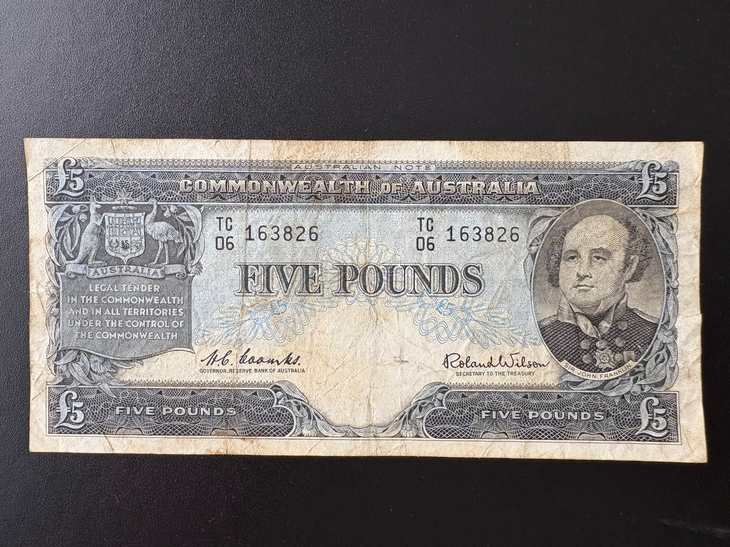 1954 Australian Five Pound Banknote - Coombs Wilson TC 06 163826