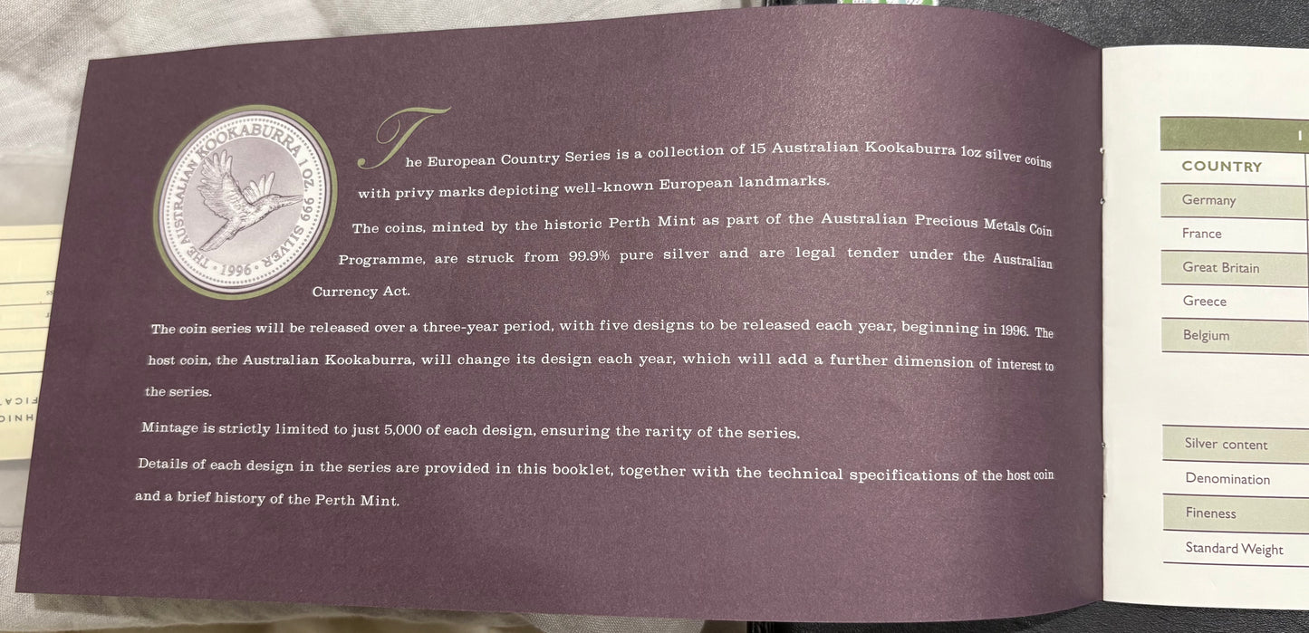 1996-1998 Australia Silver 15-Coin Set – European Country Privy Mark Collection