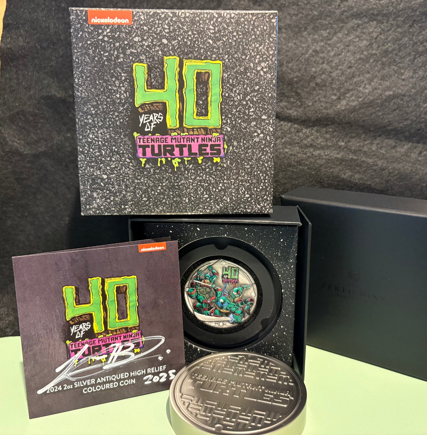 2024 $2 TMNT 40th Anniversary 2oz High Relief Antiqued Coloured Silver Coin signed by Lucas Bowers
