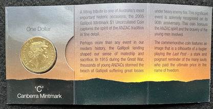 2005 $1 Gallipoli 1915 - 2005 C Mintmark Unc Coin in RAM Card