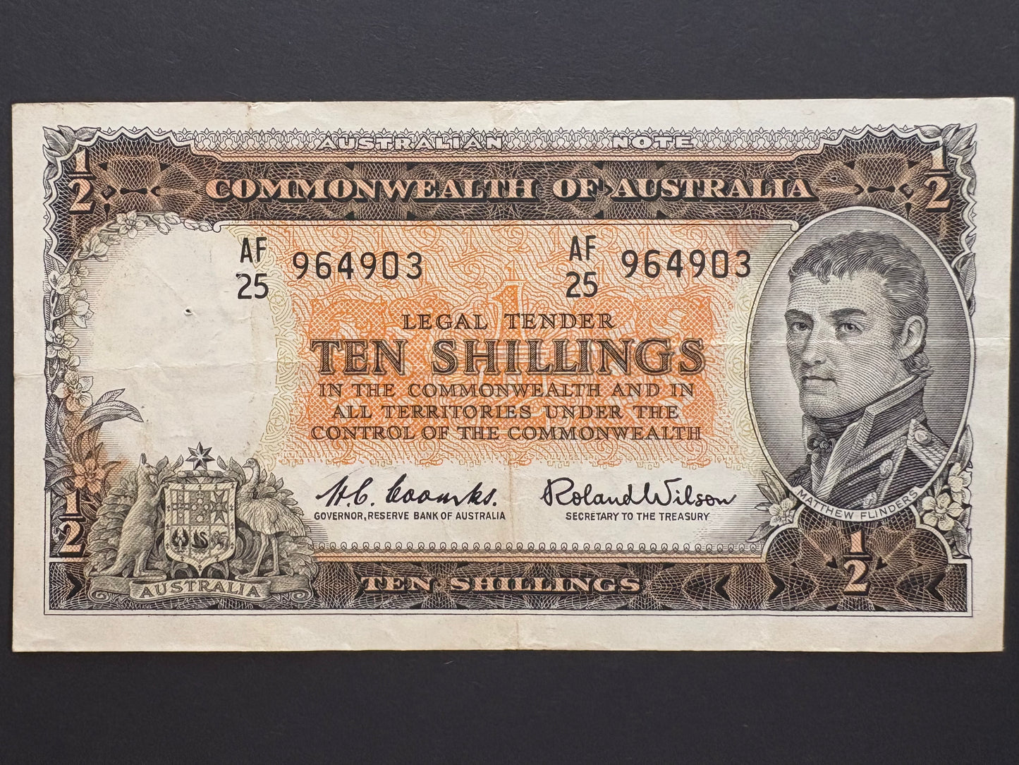 1961 Australian Ten Shillings Note - Coombs / Wilson - AF25 964903