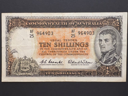 1961 Australian Ten Shillings Note - Coombs / Wilson - AF25 964903