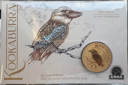2025 $1 35th Anniversary of the Australian Kookaburra 1oz Silver Gold Plated Coin in Card Sydney Money Expo ANDA Special (Perth Mint)