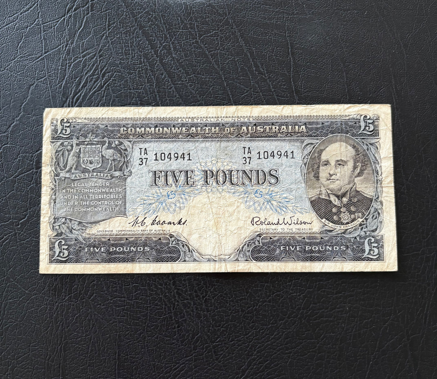 1954 Australian Five Pound Banknote - Coombs Wilson TA37 104941