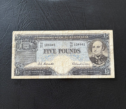 1954 Australian Five Pound Banknote - Coombs Wilson TA37 104941