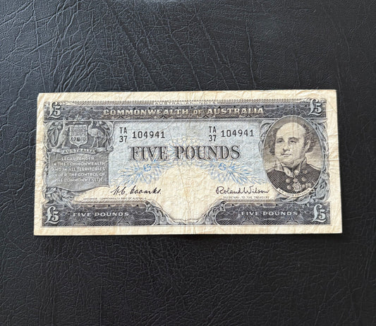 1954 Australian Five Pound Banknote - Coombs Wilson TA37 104941